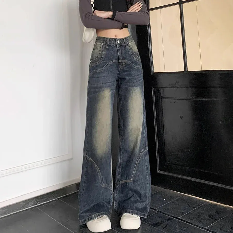 Americanretro Cement Grey Straight Female Autumn Winter New Thin High-waisted Loose Wide-Legged Jeans