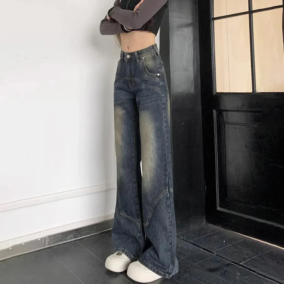 Americanretro Cement Grey Straight Female Autumn Winter New Thin High-waisted Loose Wide-Legged Jeans