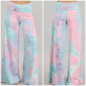 Aqua Pink Blue Tie Dye Wide Leg Palazzo Relaxed Fit Foldover Waist Lounge Pants