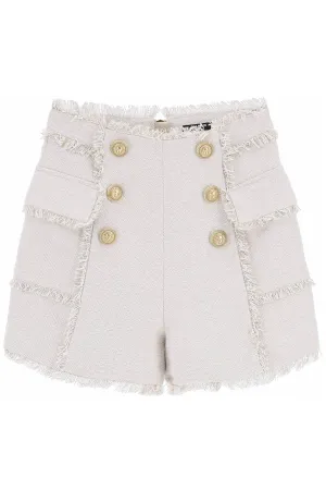 Balmain frayed linen shorts with gold-tone buttons