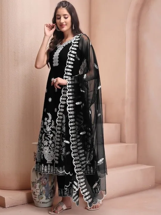 Black Floral Embroidered Thread Work Chanderi Cotton Kurta & Trousers With Dupatta