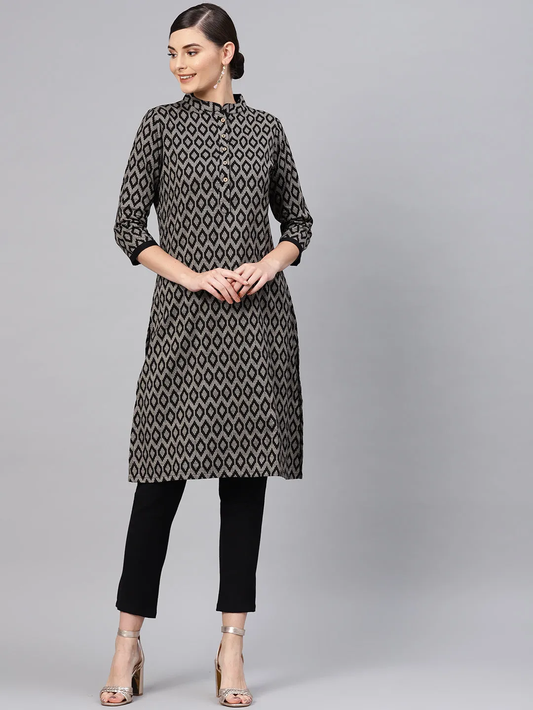 Black Ikat Straight Kurta With Black Pants