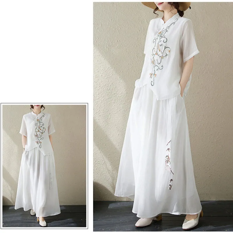 Buddha Stones 2Pcs Flower Embroidery Short Sleeve Tee T-shirt Wide Leg Pants Set