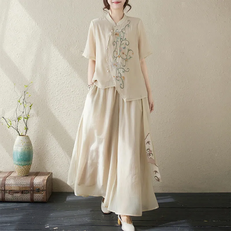 Buddha Stones 2Pcs Flower Embroidery Short Sleeve Tee T-shirt Wide Leg Pants Set