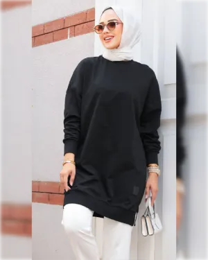 Cozy Long Cotton Blouse in Black Shade   بلوزة رياضية قطنية دافئة بلون الأسود الجميل