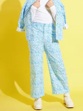 Girls Blue & White Twill Abstract Waves Straight Pants - Lyush Kids