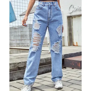 Loose Jeans Women Straight High Waist Wide Leg Ripped Casual Pants