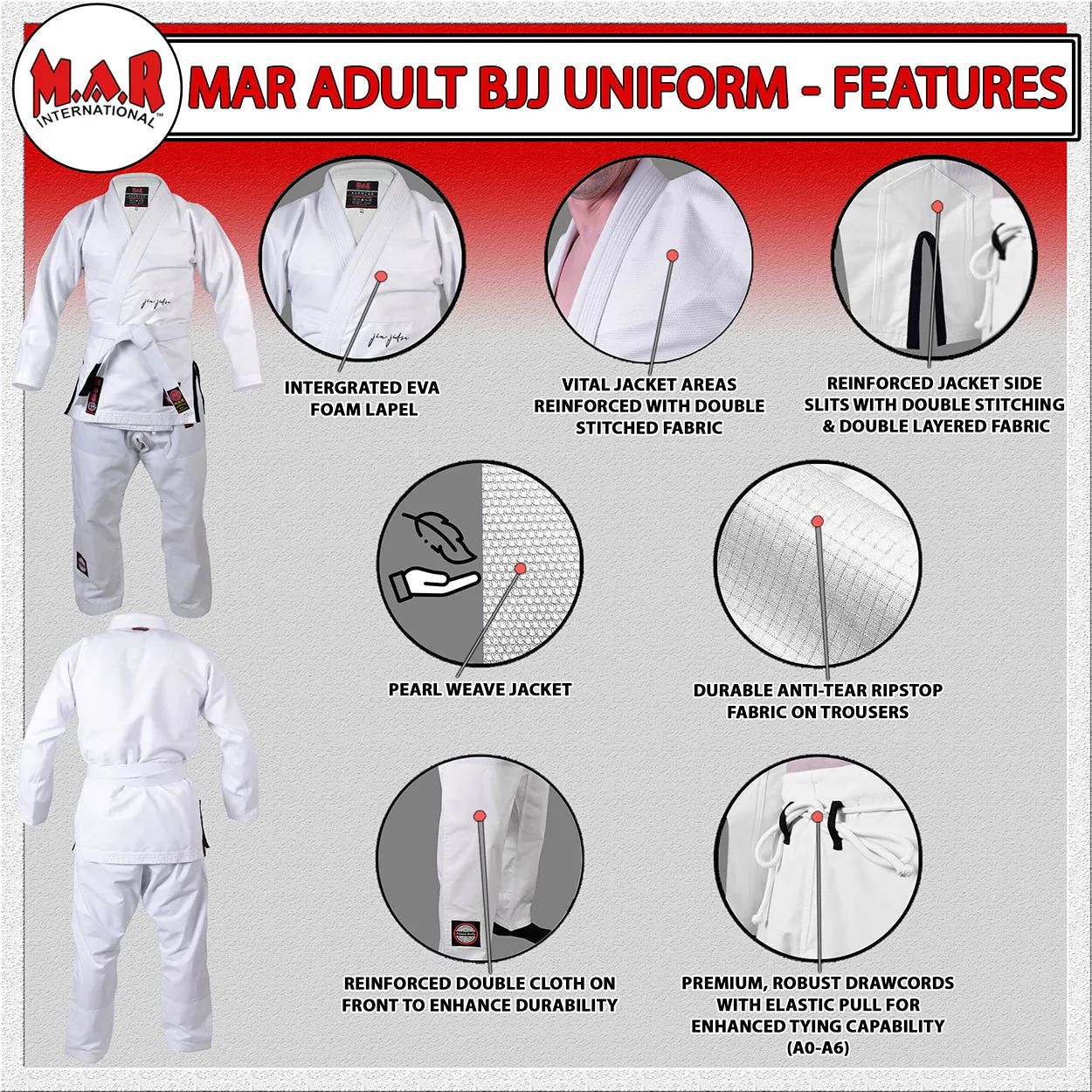 MAR-062B | White Brazilian Jiu-Jitsu Uniform - 480gsm