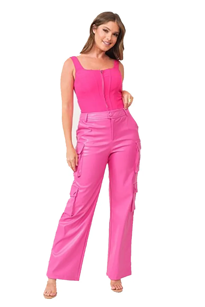 Molly Women's Genuine Leather Straight Leg Cargo Pants Pink