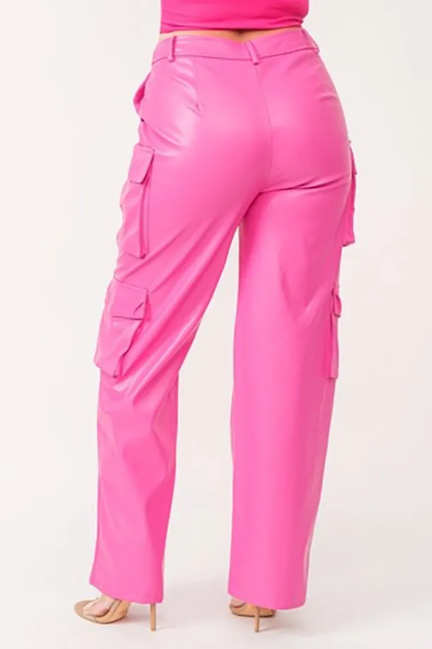 Molly Women's Genuine Leather Straight Leg Cargo Pants Pink