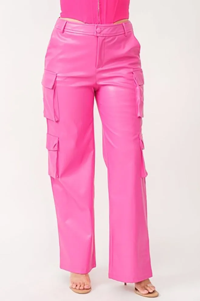 Molly Women's Genuine Leather Straight Leg Cargo Pants Pink