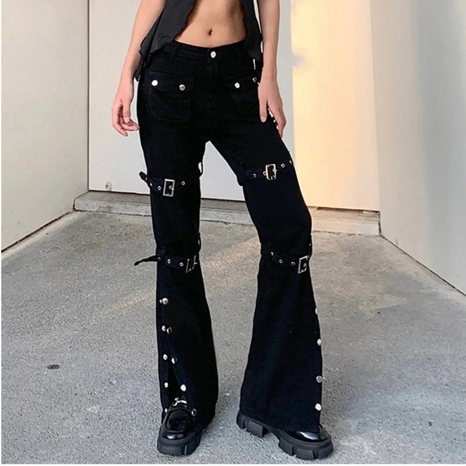 Punk Cargo Flared Wide Leg Jeans