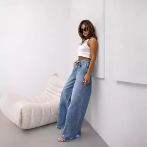 Retro Straight Ripped Jeans Women Summer Wide Leg Pants