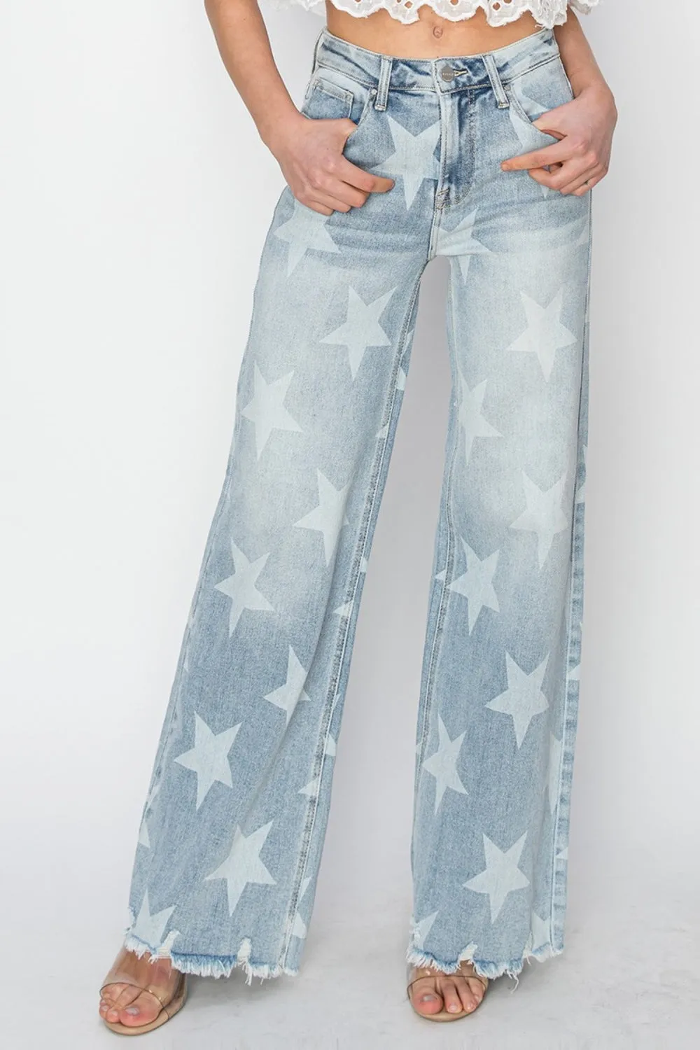 RISEN Full Size Raw Hem Star Wide Leg Jeans