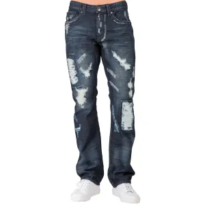 Slim Straight Dark Blue Indigo Premium Denim Signature 5 Pocket Jeans Destroyed & Repaired