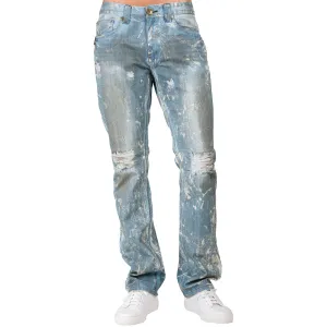 Slim Straight Distressed Bleached Blue Premium Denim Signature 5 Pocket Jeans Paint Splatter