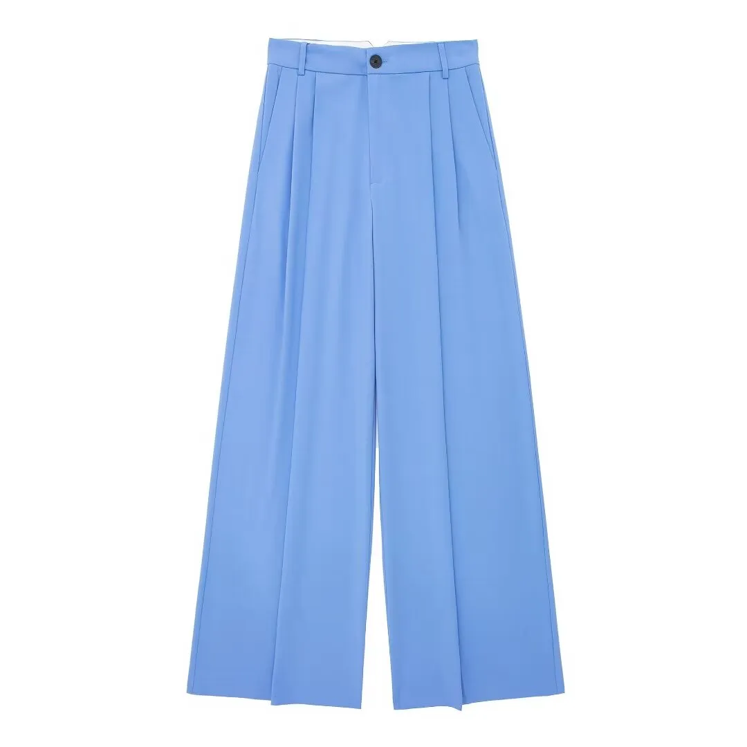 Spring Loose Casual High Waist Straight Pleated Pants Simple Office Drape Wide Leg Casual Pants Women